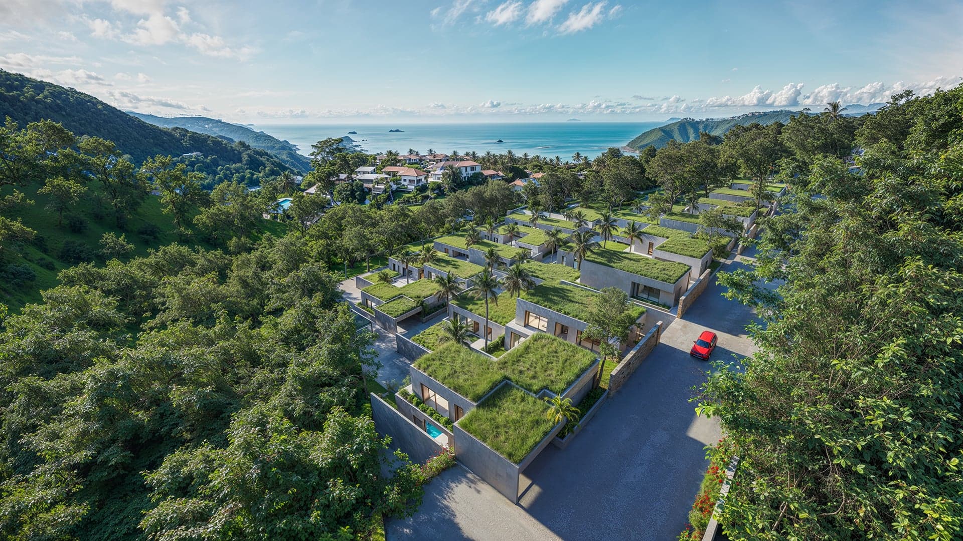 Aerial view of the Green Valley site, Koh Phangan, sea and jungle valley